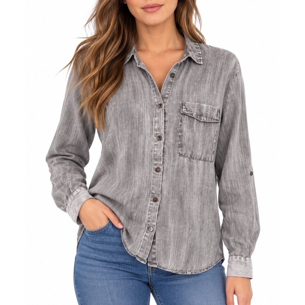 Jane & Delancey Womens Gray Lyocell Button Up Shirt Blouse Size S
